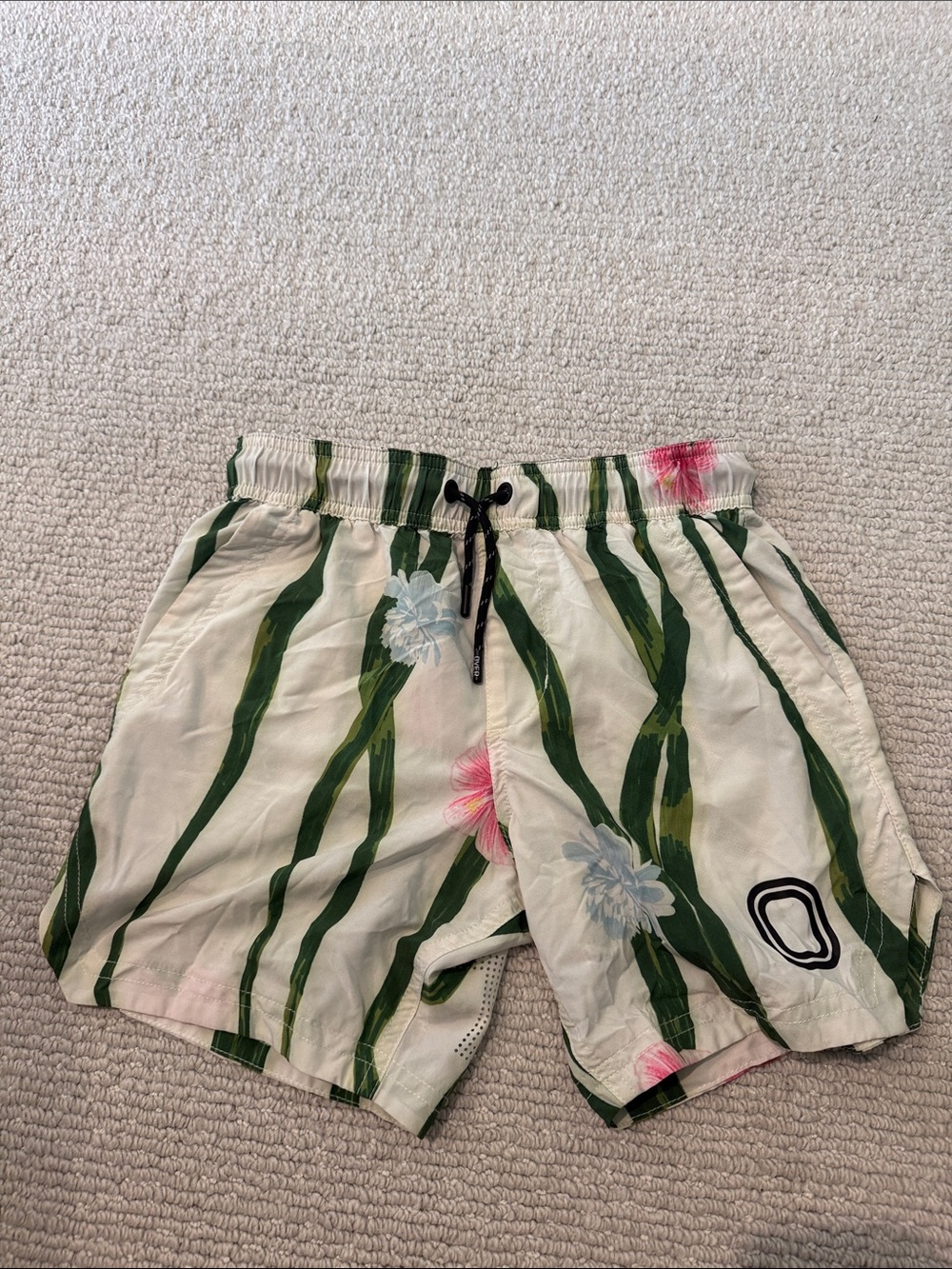 Boys Tropical Floral Swim Shorts in Cream and Green - size medium - tag off